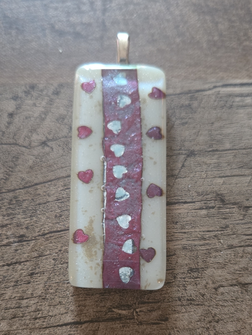 Handmade Fused Glass Heart Stripe Pendant in Cream and Red
